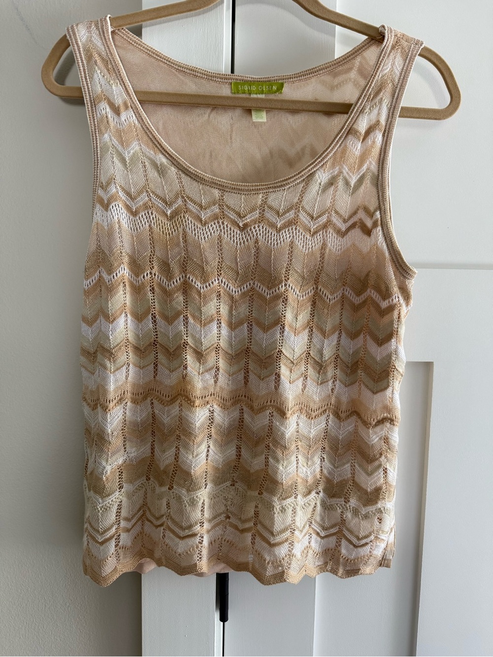 Sigrid Olsen Linen/Cotton Neutral Zig-Zag Stripe Tank Top Shell Crocheted L